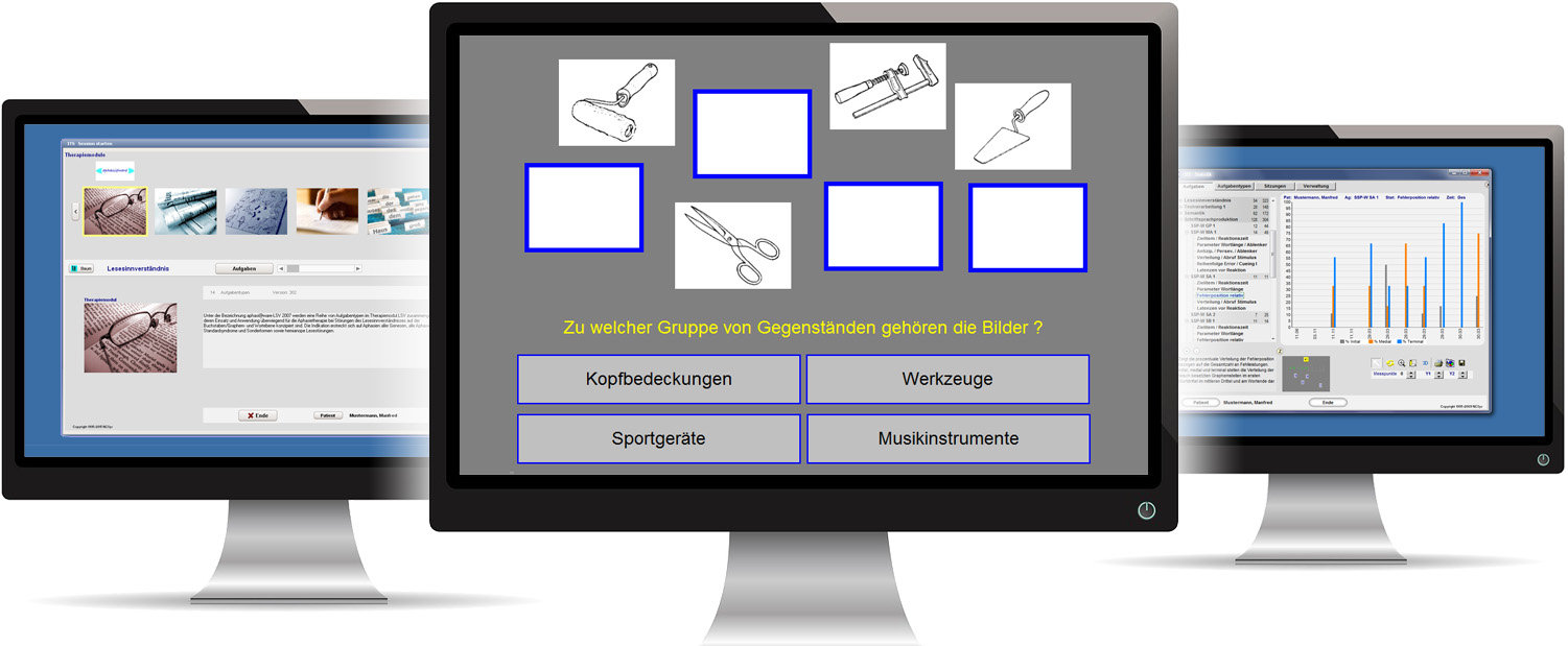 Bild einer Therapiesoftware bei auditive Verarbeitungsstörung, Schlaganfall, Hirnblutung, Unfall, Tumor, Operation, Morbus Parkinson, MS, ALS, Schädel-Hirn-Trauma, Hirnhautentzündung, Demenz